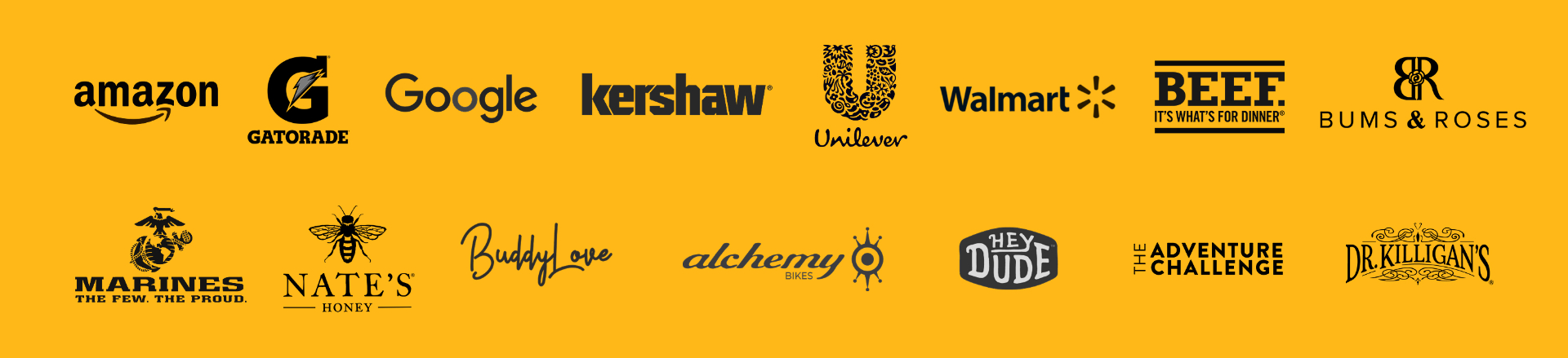 Client logos including Bums & Roses, Unilever, Walmart, Marines, BuddyLove, and Dr. Killigan's