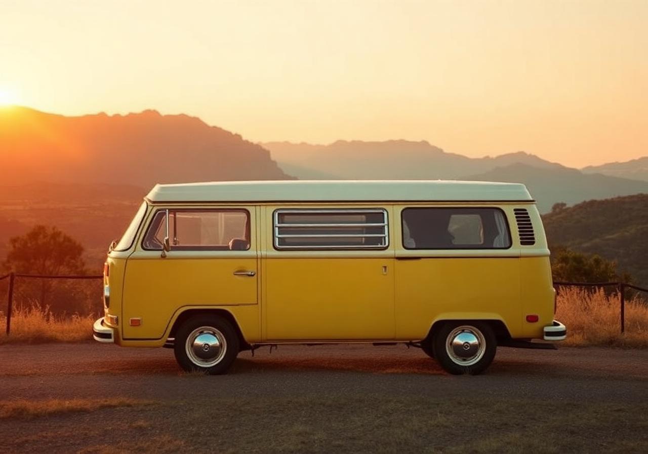 A vintage camper at sunset